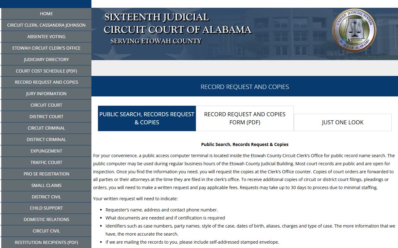 Etowah County court records public terminal and copy request page
